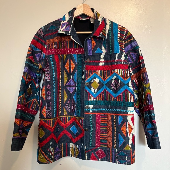 Chicos Design Vintage Embroidered Artsy Silk Patchwork Denim Jacket - Picture 2 of 11